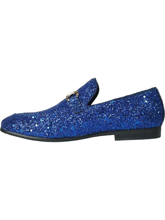 Men\'s Blue Glitter Loafers Metal Buckle Cap Toe Metallic Slip On Prom Shoes main image 5